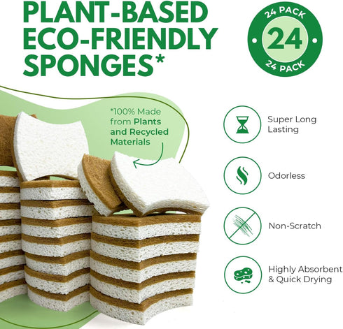 Biodegradable Natural Kitchen Sponge - Compostable Cellulose and Coconut Walnut Scrubber Sponge - Pack of 24 Eco Friendly Sponges for Dishes...