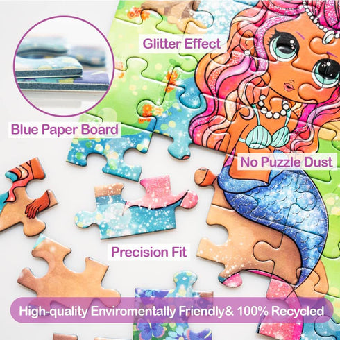 Marlo&Buzz 100-Piece Glitter Jigsaw: Unicorn and Mermaid Princess Puzzles Designed for Kids ages 4-8. Large Pieces for Little Hands, Easy Daily Fu...