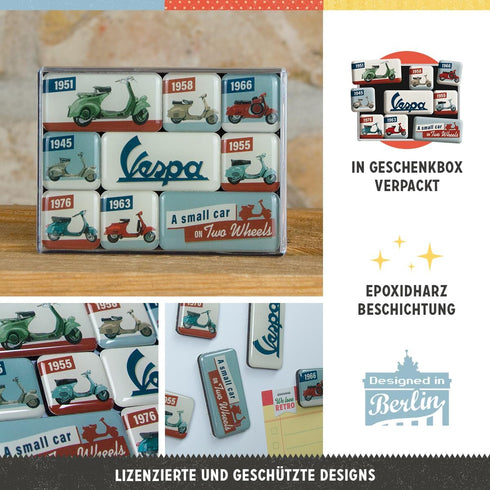 Nostalgic-Art Retro Fridge Magnets, 9 Pieces, Vespa – Model Chart – Gift idea for Scooter Fans, Official License Product (OLP), Magnet Set for Not...