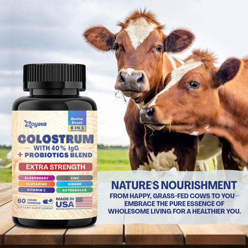 Bovine Colostrum Supplement Capsules, Grass Fed Cow Colostrum with 40% IgG 500MG, Probiotics 50MG, Elderberry 2000MG, L-Glutamine 200MG, Astragalu...