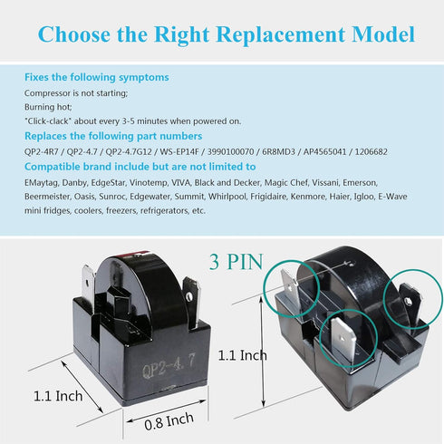 Reyhoar Replacement Part 3 Pin QP2-4.7/ QP2-4R7 4.7 Ohm Refrigerator PTC Start/Starter Relay - Compatible with Whirlpool, Frgidaire, Kenmore and Most Mini Fridges and Coolers (2 Pcs)