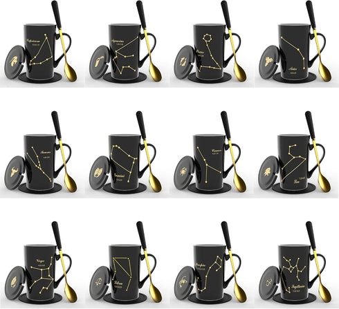 Leo Gifts for Women 15oz Ceramic Coffee Mug with Lid Spoon Coaster Astrology Mugs Upgrade Porcelain Tea Cup Leo Birthday Gifts (Black-Gold)...