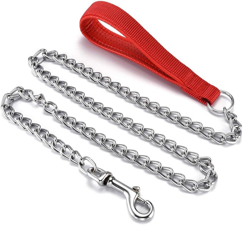 Chain Leash Metal Trainning Leash Stainless Steel with Soft Padded Handle for Heavy Duty Dogs.(XL, Red Handle)...
