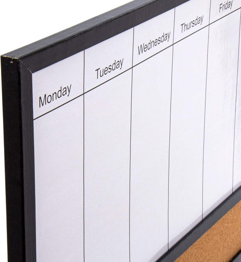 DESK TECH Multifunctional Weekly Planner - Half Dry Erase White Board with Cork Bulleting Board - 16 x 24 inches, Black Pinewood Wooden Frame - Ha...