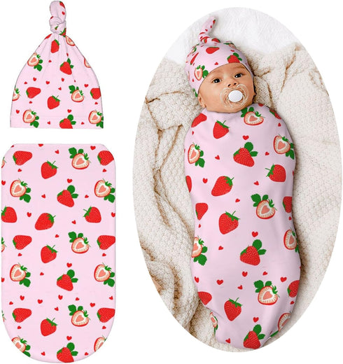 Swaddle Blanket Strawberry Baby Stuff Newborn Baby Swaddling Blanket Sleep Sack with Beanie Hat Sets for Boys Girls Infant and Baby Shower Unisex...