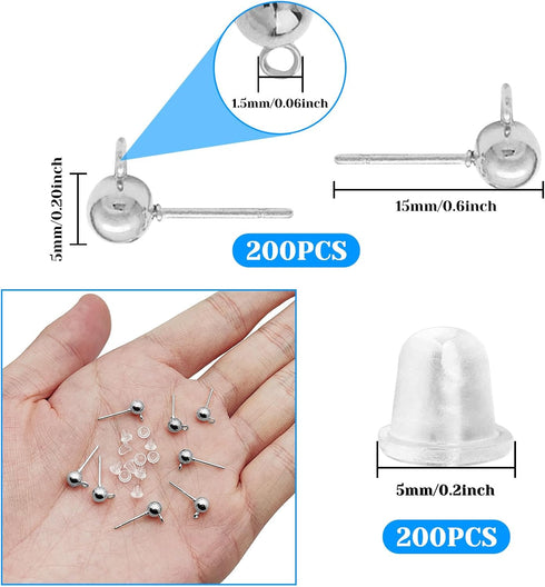 200Pcs Earring Studs for Jewelry Making, Hypoallergenic Ball Post Earring Studs Earring Findings Earring Posts with Loop with 200Pcs Silicone Clea...