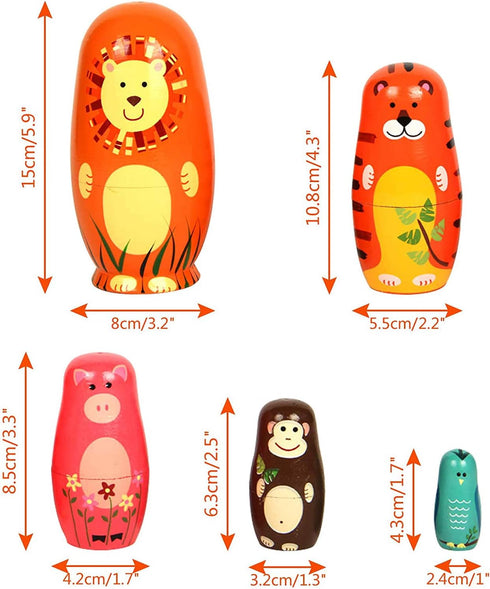 Russian Nesting Dolls for Kids, Stacking Wooden Handmade Matryoshka Dolls, 5 Piece Cute Cartoon Animal Pattern, Great Toy Gift for Girls Boys' Bir...