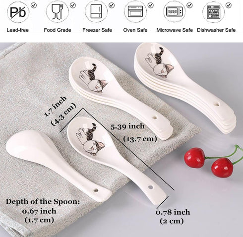 Set of 10 Asian Soup Spoons with Cat Pattern, 5.4 inch Ceramic Chinese Soup Spoons, Porcelain Spoons for Cereal Ramen Appetizers Desserts Wonton D...