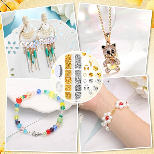 1200Pcs Crimp Beads Supplies for Jewelry Making, Including Crimp covers, Crimp Tubes, Bracelet Clasps and Closures, Crimp Ends, Jump Rings, Crimpi...