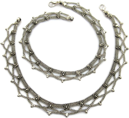 Handmade Womens Boho Anklets Pair | Silver Plated Brass Copper Metal Chain Vintage Antique Oxidized Finish | Inidan Payal Feet Ankle Bracelet Fash...