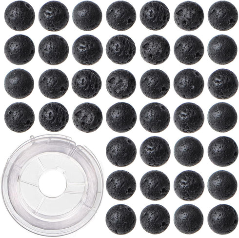 8mm 100pcs Natural Black Lava Gemstone Round Loose Beads for Jewelry Making with Crystal Stretch Cord...