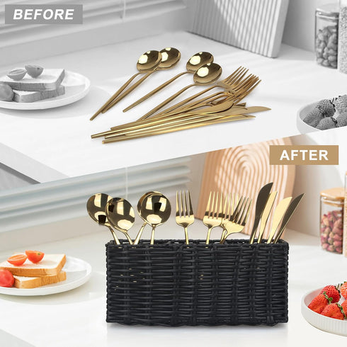 Ayiaren Wicker Silverware Cutlery Holder Black Flatware Utensil Caddy Best Silverware Organizer Storage for Countertop Party Kitchen Utensils Hold...