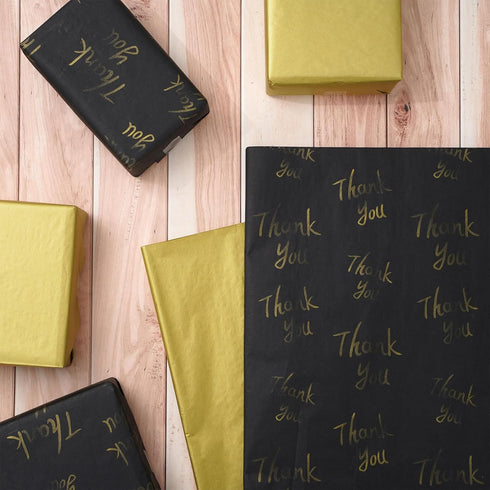 Whaline 100 Sheets Black Gold Tissue Paper Gold Thank You Gift Wrapping Paper Metallic Decorative Art Paper for DIY Crafts Birthday Baby Shower Pa...
