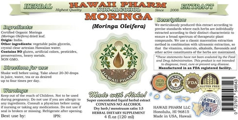 Hawaii Pharm Moringa Alcohol-Free Liquid Extract, Moringa (Moringa Oleifera) Leaf Glycerite Natural Herbal Supplement, USA 2 oz...