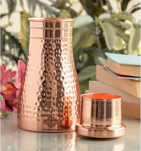 Indian Art Villa Pure Copper Bedroom Water Bottle With Inbuilt Glass & Hammered Shine Design, Drinkware, Storage Purpose, Volume-32 Oz...