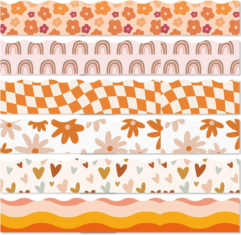 CRASPIRE 6 Style Flower Bulletin Board Border Stickers 68.86ft Classroom Boho Floral Plaid Retro Hawaii Self-adhesive Scalloped Die Cut Borders Tr...