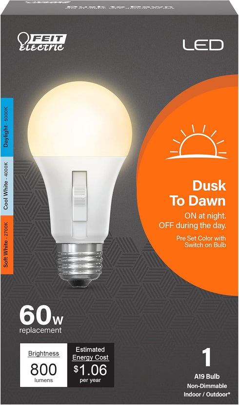 Feit Electric LED Three-Color Selectable, Built-in Dusk to Dawn Sensor Intellibulb - A19 with an E26 Medium Base Light Bulb - 60W Equivalent - 15 ...