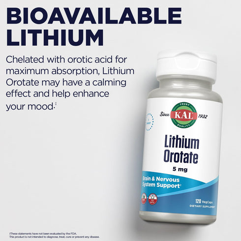 KAL Lithium Orotate 5 milligrams | Low Serving Of Chelated Lithium Orotate For Bioavailability and Mood Support | In Organic Rice Bran Extract Bas...