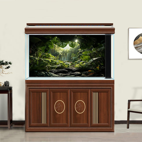 Aquarium Background Lush Tropical Leaves Terrarium Background Morning Sunlight Tropical Rainforest Green Plants Rocks Reptile Habitat Backdrop Fis...