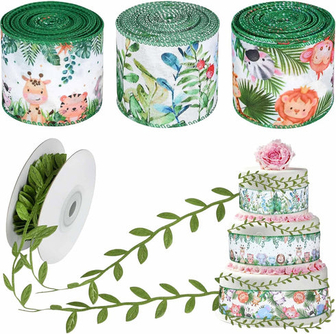 4Rolls 20 Yards Jungle Animal Themed Wired Edge Ribbon 2.5 Inch Forest Printed Burlap Ribbon Green Leaf Ribbon Cute Animal Print Ribbon for Birthd...