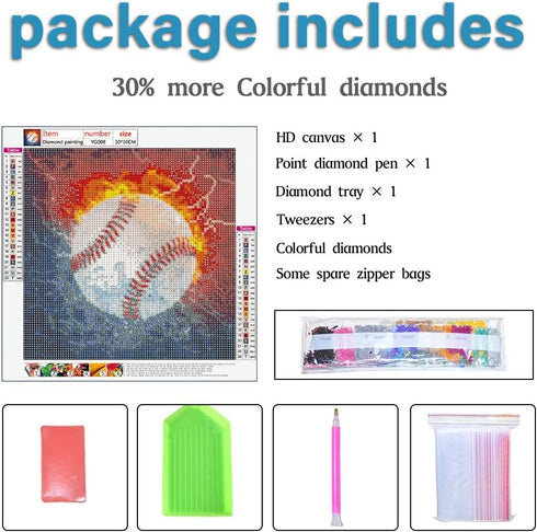 VONBOR Diamond Art Painting Kit, 12x12inch DIY Dimond Paintings for Teens with Super Flash Diamonds, Baseball Theme, Acrylic Paint, Round Drill, K...