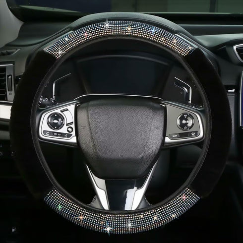 Bling Fluffy Steering Wheel Cover for Women Girls, Rhinestone Diamond Sparkling Fur Steering Wheel Protector Elastic Steering Wheel Covers Winter ...