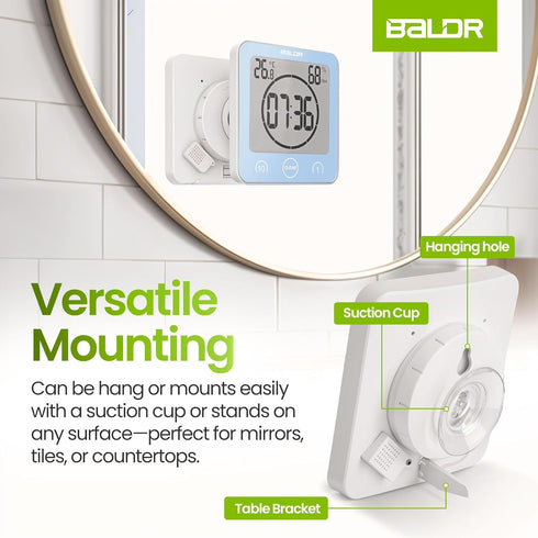 BALDR Digital Shower Clock - Blue - Water-Resistant Shower Countdown Timer with Temperature and Humidity, Digital Clock for Shower, Bathroom Clock...
