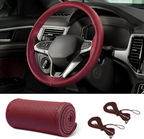 Leather Steering Wheel Cover Lace Up, Stitch On Wrap, Breathable Anti-Slip Car Steering Wheel Protector Universal Fit Max 15 Inch Car Wheels, DIY ...