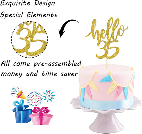 Hello 35 Cake Topper – 35th Birthday / 35th Anniversary Party Cake Decoration, 35th Birthday / 35th Anniversary Party Decorations Supplies (Gold, ...