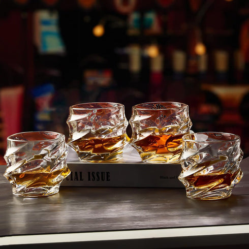12 oz Hand Blown Crystal Whiskey Glasses Set of 4, Unique Cognac Glass, Heavy Thick Bottom Bar Glass for Scotch Bourbon Rum Gin Water Cocktail,Gif...