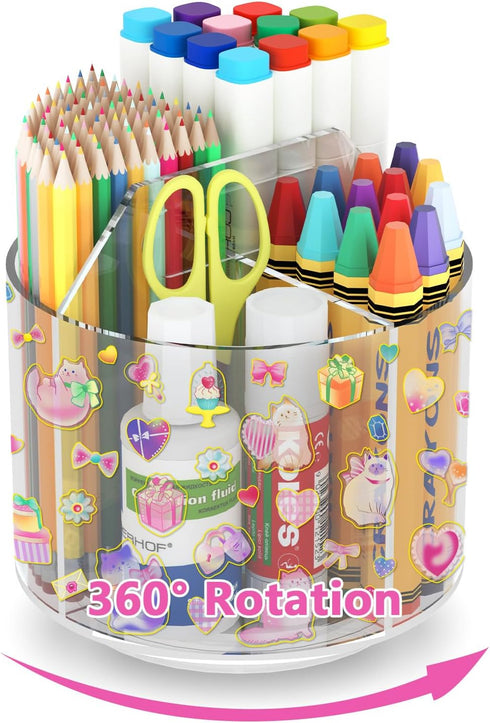 Acrylic Pencil Organizer for Desk 4 Compartments with Adhesive DIY Sticker, Rotating Art Supply Organizer with Kawaii Sticker Kids, Spinning Round...
