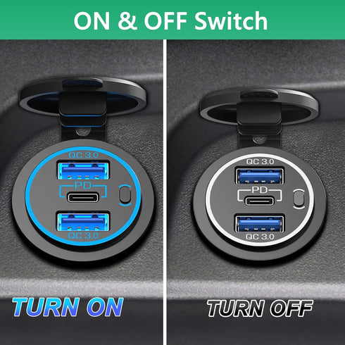 Car 12V USB Outlet Charger: Qidoe 66W Multi USB Power Socket Charger 12V Motorcycle Outlet Dual QC3.0 Port and PD 30W USB-C with Switch Waterproof...