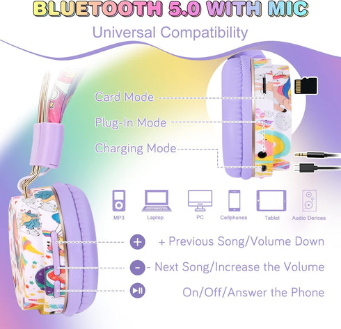 QearFun Unicorn Headphones for Girls Kids for School, Kids Bluetooth Headphones with Microphone & 3.5mm Jack, Teens Toddlers Wireless Headphones w...