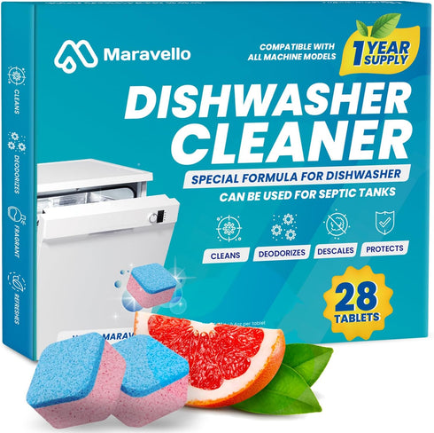 Dishwasher Cleaner and Deodorizer 28 Tablets: Maravello Dish Washer Machine Deep Clean Descaler Pods for Cleaning Heavy Duty Grease, Limescale, Ha...
