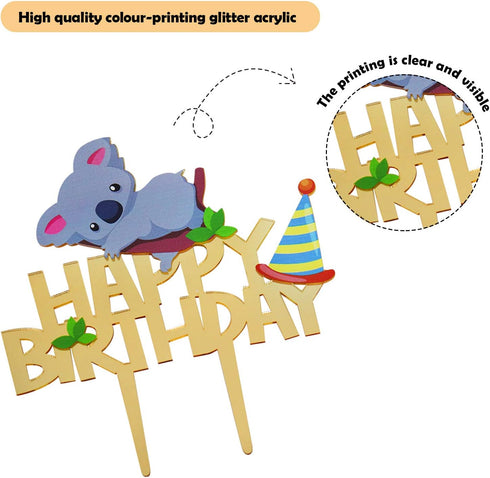 Gold Acrylic Koala Happy Birthday Cake Topper, Koala Theme Birthday Cake Decor, Koala Bear Birthday Party, Baby Koala Party, Zoo Jungle Animal Par...