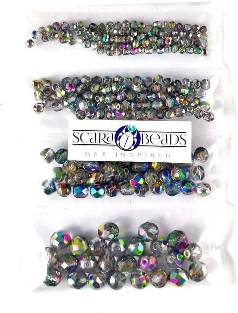 Set of Czech Glass Fire Polished Beads in Crystal Vitrail Color for Making Jewelry and Crafts - Different Sizes 3 mm, 4 mm, 6 mm, 8 mm. Total 275 ...