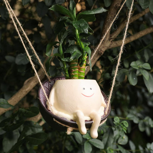Smiley Face Planter Pot, Hanging Swing Chair Flower Head Resin Planters for Indoor Outdoor Plants Succulent Pots for String of Pearls Plant Live G...