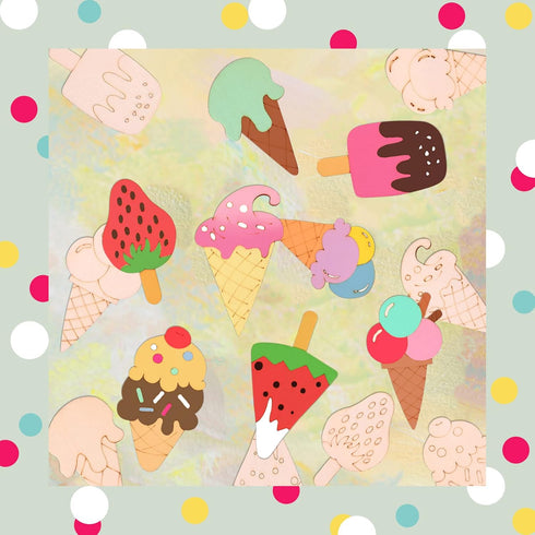40 Pieces Unfinished Summer Ice Cream Wooden Cutouts, 8 Styles Ice Cream Wood Slices Unfinished Wood Cutouts Blank Wooden Paint Crafts for Kids Bi...