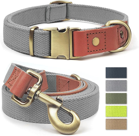 QRDA Dog Collar and Leash Set Silver Gray Adjustable Durable Nylon Pet Collars with Leashes Tactical Dog Leash Breakaway Dog Collar for Small/Medi...