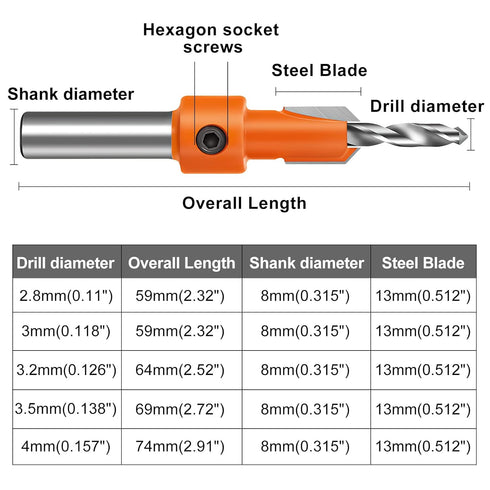 Lytool Countersink Drill Bit Set,5Pcs Counter Sink Bits for Wood,Tapered Drill Bits for Woodworking,Round Shank,Allen Wrench, Wood Screw Counter S...