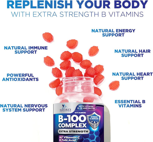 Super B Complex Gummies with Vitamin C & Folic Acid, Extra Strength Vitamin B Gummy Supplement with Niacin, B6, Folic Acid, B12, Biotin, Nature's ...