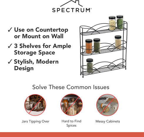 Spectrum Diversified 3-Tier Spice Rack Shelf Organizer for Kitchen Countertop, Pantry, Bathroom, or Closet with Optional Wall Mount, Black...