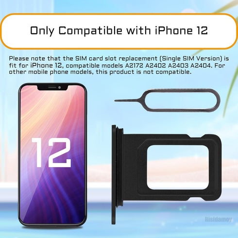 for iPhone 12 Black SIM Card Slot Replacement Single SIM Version for iPhone12 Card Tray Holder Adapter with Waterproof Rubber Ring Repair Kit Card...