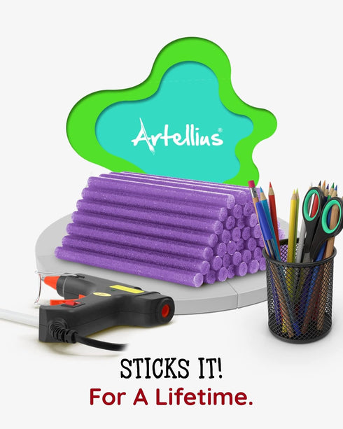 Artellius - Purple Glitter Hot Glue Sticks 4" x.27" (100 Bulk Pack) - Ultra Bond Hot Melt Adhesive Mini Glue Sticks for All temperature Glue Guns...