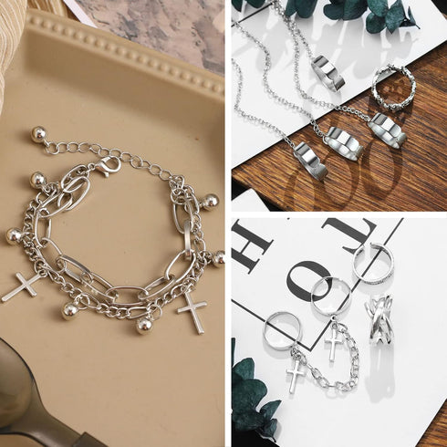 IFKM Vintage Silver Chain Finger Rings Bracelet, Gothic Punk Emo Cross Cool Simple Rings, Adjustable Statement Stackable Rings For Boy Wen Women...