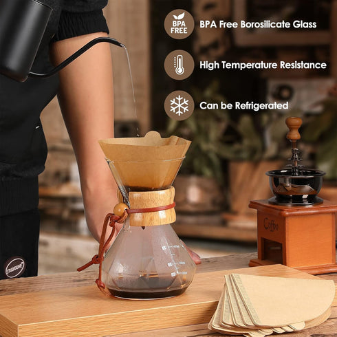 Puricon Pour Over Coffee Maker with Paper Filter 40 Sheets, Holds 1 to 2 Cups, 15oz Coffee Dripper Set Borosilicate Glass Coffee Carafe Brewer, Co...