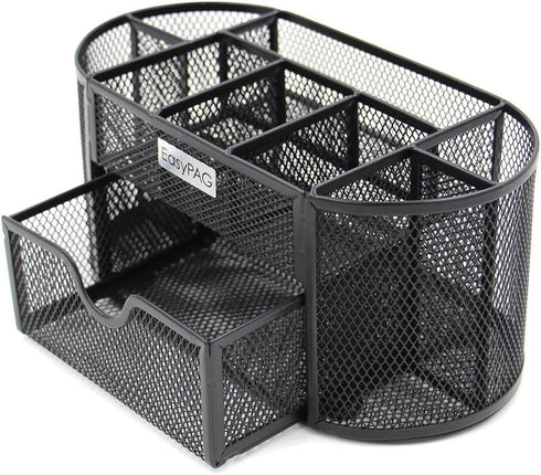 EasyPAG Desk Organizer Mesh Desktop Office Supplies Multi-functional Caddy Pen Holder Stationery with 8 Compartments and 1 Drawer,Black...