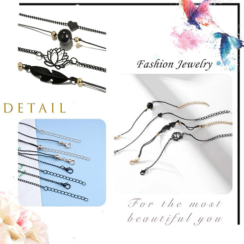 4Pcs Anklet Bracelet for Women Black Leaf Bead Braided Cord Anklet Dainty Hollow Lotus Heart Ankle Chain Summer Beach Foot Jewelry for Teen Girls...