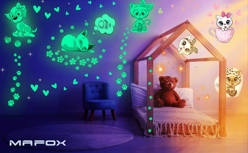 Glow in The Dark Cat Stickers with Dog and Fish, Wall Decals Sticker for Kids Bedding Room, Great for Birthday Gift Glowing Cat for Girls and Boys...
