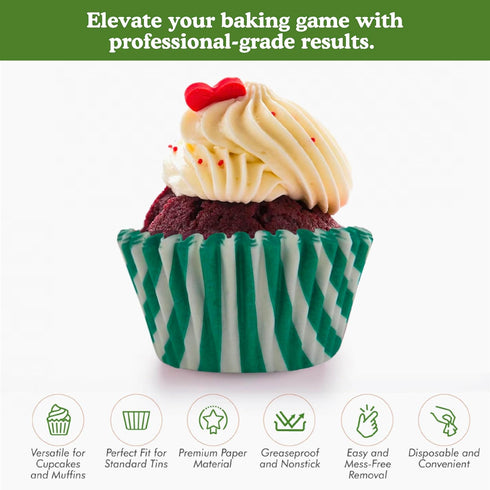Regency Wraps Greaseproof Professional Grade Baking Cups, Pack of 40, Standard Liners, Green/White Stripe, for Cupcakes, Muffins, Candy, Non Stick...